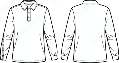 Long sleeve polo shirt sketch, front and back view, collared top, button placket, CAD drawing, flat vector illustration, garment design, white background