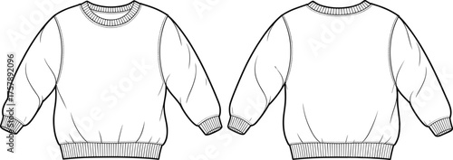 Long sleeve sweatshirt sketch, ribbed crew neckline, front and back view, puffed sleeves, CAD drawing, flat vector illustration, garment design, white background