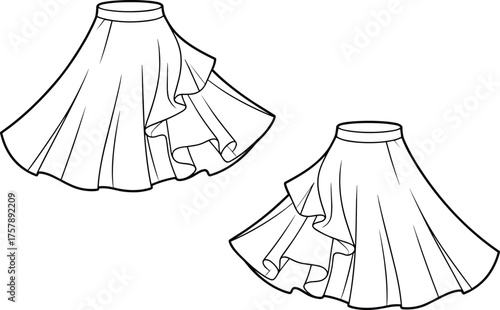 Pleated skirt fashion sketch, layered ruffle detail, flared silhouette, waistband design, front and back view, CAD drawing, flat vector illustration, garment template