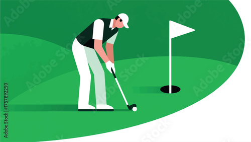 Illustration Of Golfer Putting On A Green, With A Golf Club And A Flag In The Hole Vector Design Template