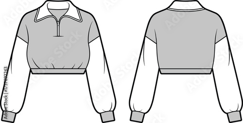 Quarter zip pullover sketch, cropped top design, balloon sleeve silhouette, front and back view, CAD drawing, flat vector illustration, garment template