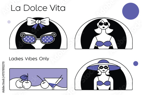 La dolce vita collection featuring stylish ladies and refreshing cocktails isolated on transparent background