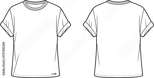 Quarter zip pullover sketch, dropped shoulder design, ribbed cuffs and hem, front and back view, CAD drawing, flat vector illustration, garment template