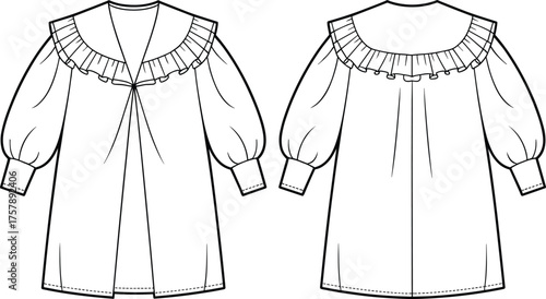 Ruffled yoke dress sketch, pleated tunic design, voluminous sleeves, bow neckline, front and back view, CAD drawing, flat vector illustration, garment template