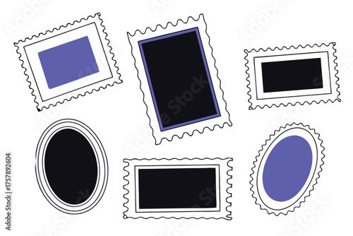 Collection of six stylized postage stamps with perforated edges and dark blue or purple inserts isolated on transparent background