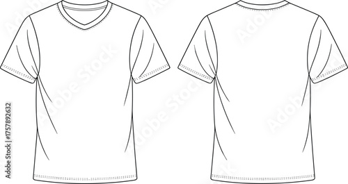 V-neck T-shirt fashion sketch, short sleeve top, front and back view, stitching detail, CAD drawing, flat vector illustration, white background