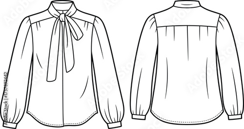 Women’s blouse fashion sketch, bow tie neckline, pleated shoulder detail, long sleeve design, front and back view, CAD drawing, flat vector illustration