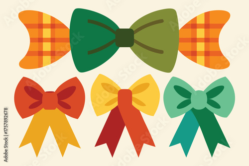 Collection of six colorful decorative bows and ribbons in various styles and patterns isolated on transparent background