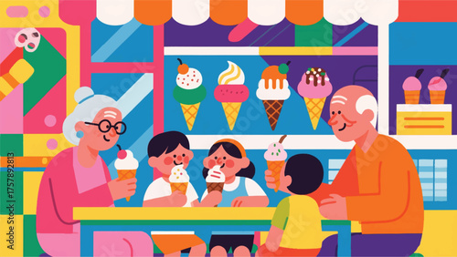 illustration of Grandparents and grandchildren having ice cream at a brightly colored parlor, showing specific ice cream flavors and toppings.eps