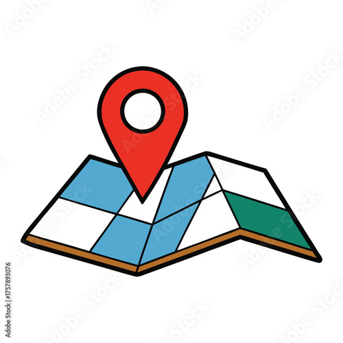 A folded city map features a bright red direction pointer marking a key spot. Streets and blocks unfold around it, guiding travelers with a bold, clear navigation symbol.
