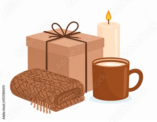 Cozy scene of a gift box, warm knitted blanket, and a mug of hot beverage with a lit candle