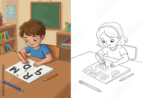Happy schoolboy practicing alphabet letters in classroom, child writing large spelling words, educational activity with fun black and white coloring page.