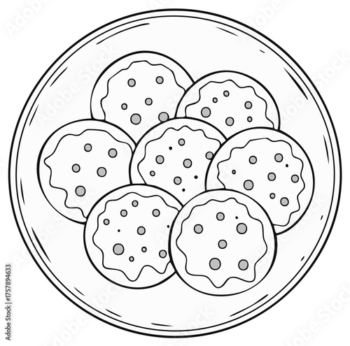 Plate of fresh-baked cookies illustration, hand-drawn sweets with chocolate chips on round dessert plate. Outline bakery goodies