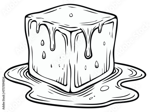 Melting Ice Cube Illustration with Droplets and Puddle, Cold Drink Graphic, Black and White Line Art