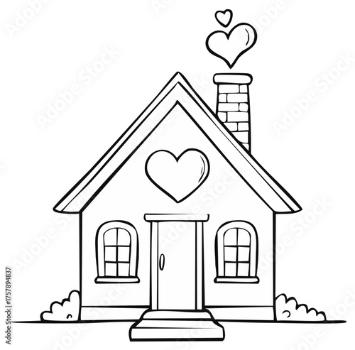 Charming cartoon house with heart decoration and heart shaped smoke coming from chimney