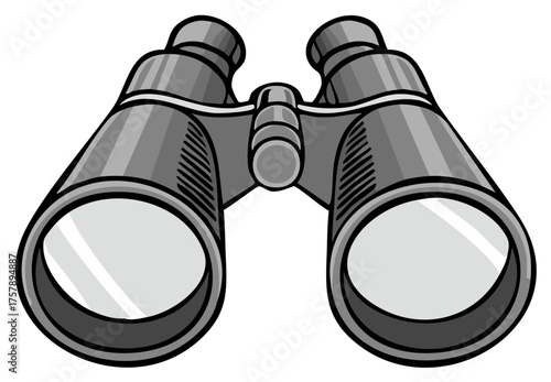 Binoculars illustration with two eyepieces and central focus knob for exploration and viewing distant objects