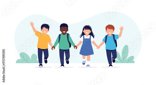 Four diverse children holding hands and walking together happily in school.