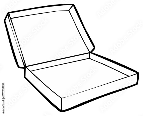 Open empty cardboard container with hinged lid isolated on white background line drawing