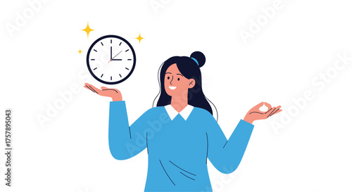 A woman balancing a clock on her hand representing time management skills.