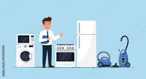 Man explaining different home appliances like a refrigerator and a washing machine.