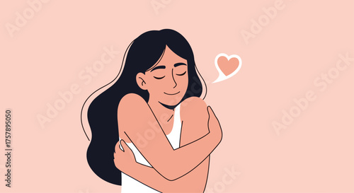 A young woman embraces herself feeling happy and loved showing self-care.