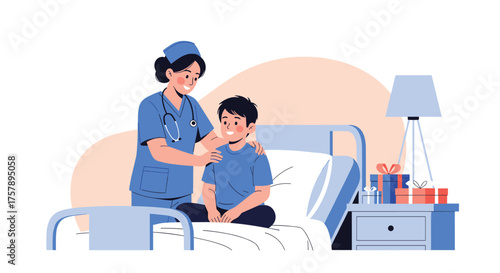 A compassionate nurse is checking on a young boy recovering in a hospital bed.