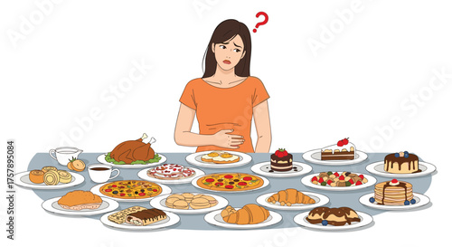 Woman feeling overwhelmed and unsure about what to eat from a large selection of desserts and savory dishes.