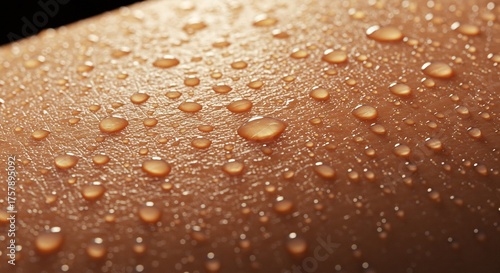 Closeup of skin with numerous water droplets Skin tone is brown Some light reflection