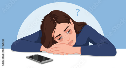 A young woman with dark hair rests her head on her arms on a table with a smartphone nearby and a question mark above her head indicating confusion or stress.
