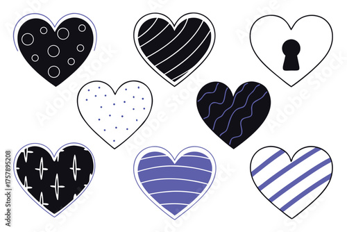 Collection of seven stylized hearts with various patterns and designs isolated on transparent background