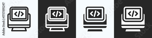 Coding Languages Icon Set in Black and White Outline and Glyph Style
