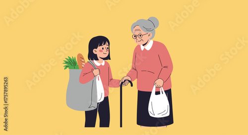 A young girl helps an elderly woman carry her groceries home from the market.