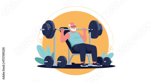 An elderly man is lifting weights at the gym performing a bench press exercise.