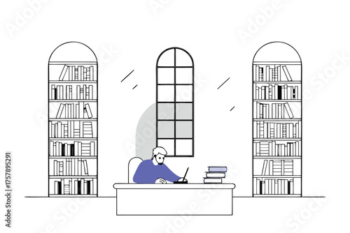 Man studying at a desk with books and shelves in a library or study room isolated on transparent background