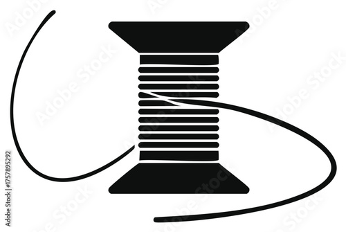 Spool of sewing thread with an unwinding strand in a simple black silhouette icon