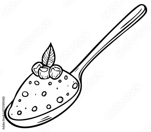 Dessert spoonful with nuts and mint leaf, vector outlined tasty recipe, food illustration for cookbook or packaging design
