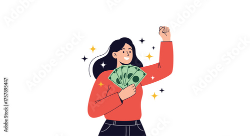 A person celebrates with cash in hand and a fist raised in victory.