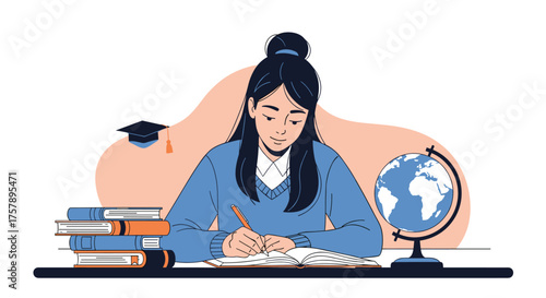 A young woman diligently studies at her desk with books and a globe nearby.