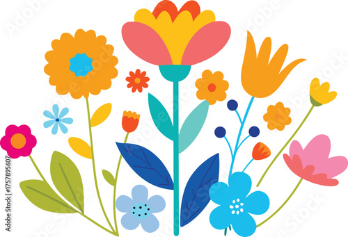 Colorful abstract floral arrangement with various blooming flowers and leaves isolated on transparent background