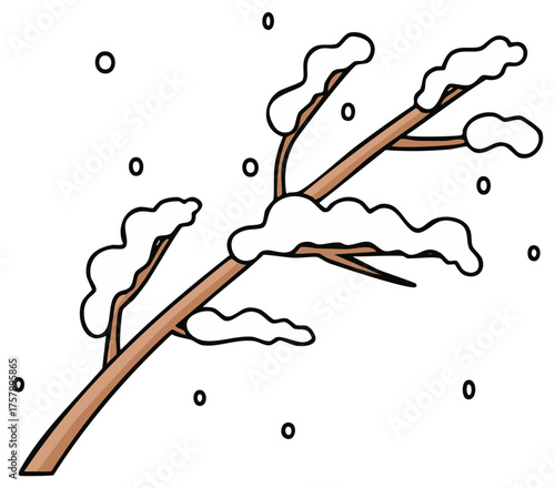 Stylized tree branch with winter snow covering illustration with snowflakes