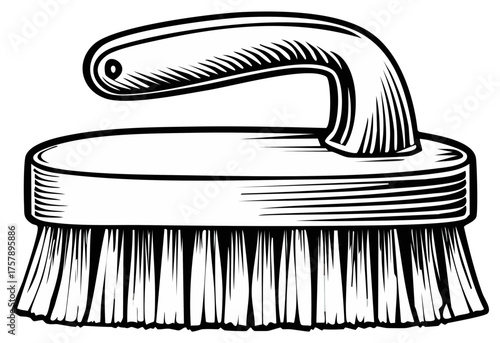 Black and white illustration of a cleaning scrub brush with handle