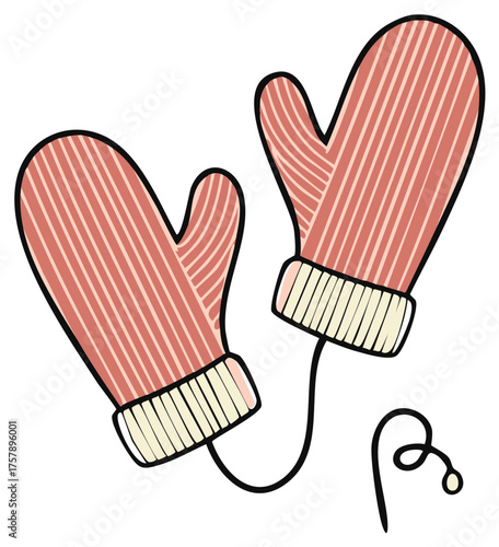 Pair of striped red mittens connected by a string, winter accessory, cozy clothing