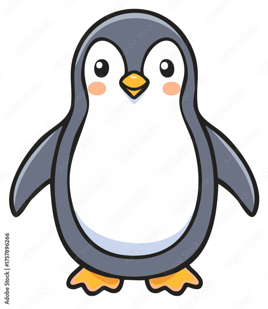 Naklejka premium Cute cartoon penguin with rosy cheeks standing upright illustration for design elements or children's book