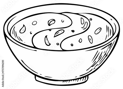 Cartoon style bowl of soup with floating ingredients, black and white line art
