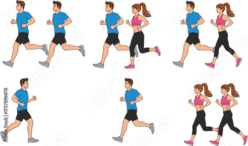 Running Motion Sequence of Man and Woman in Athletic Outfits Depicting Fitness, Exercise, and Outdoor Activity in Dynamic Vector Style