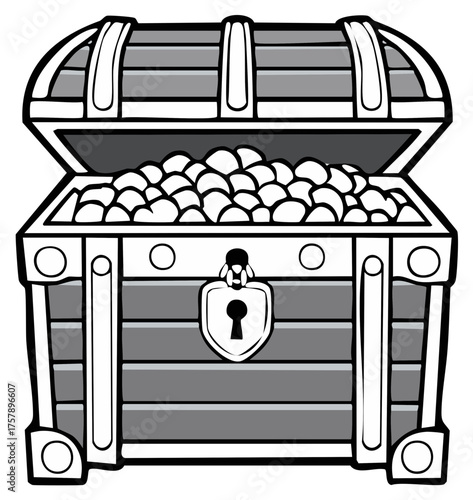 Black and White Treasure Chest Illustration, Overflowing with Gold Coins and Secured with a Vintage Lock