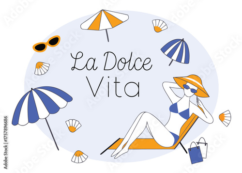Enjoying la dolce vita with a woman relaxing on a beach chair surrounded by umbrellas and seashells isolated on transparent background