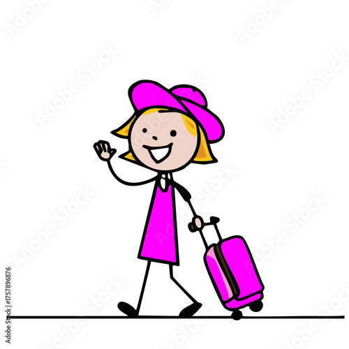 A cartoon figure joyfully embarking on a journey, with luggage in tow. Wearing a hat and waving goodbye, the person signifies travel.