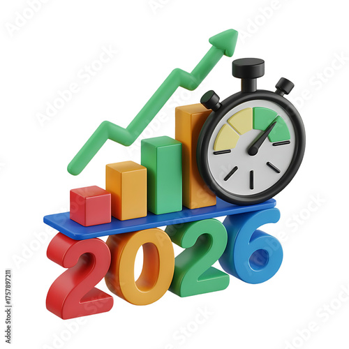 3d representation of 2026 growth with a stopwatch symbolizing time and progress isolated on transparent background