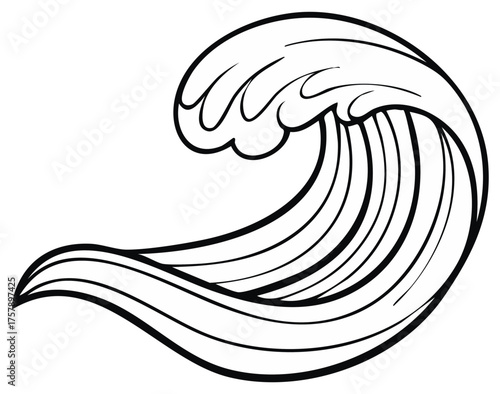 Black and White Ocean Wave Drawing with Curling Water Crests and Flowing Swells